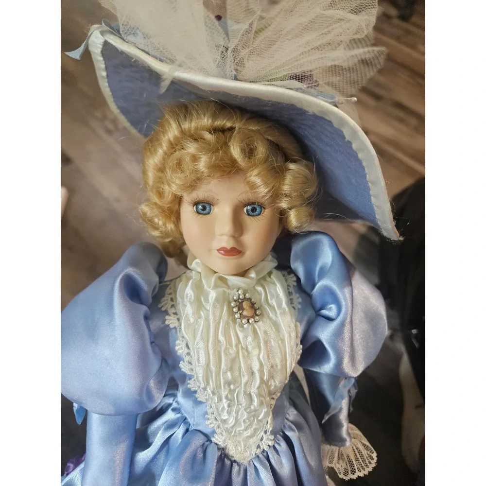 Vintage Porcelain Doll 19 Inch Blue Satin Lace‎ Dress Blonde Hair Blue Eyes Hat